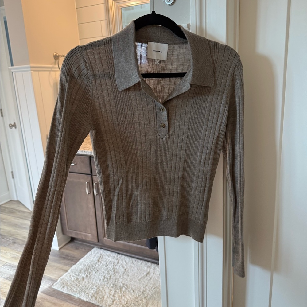 Reformation Taupe Button Down Ribbed Top
